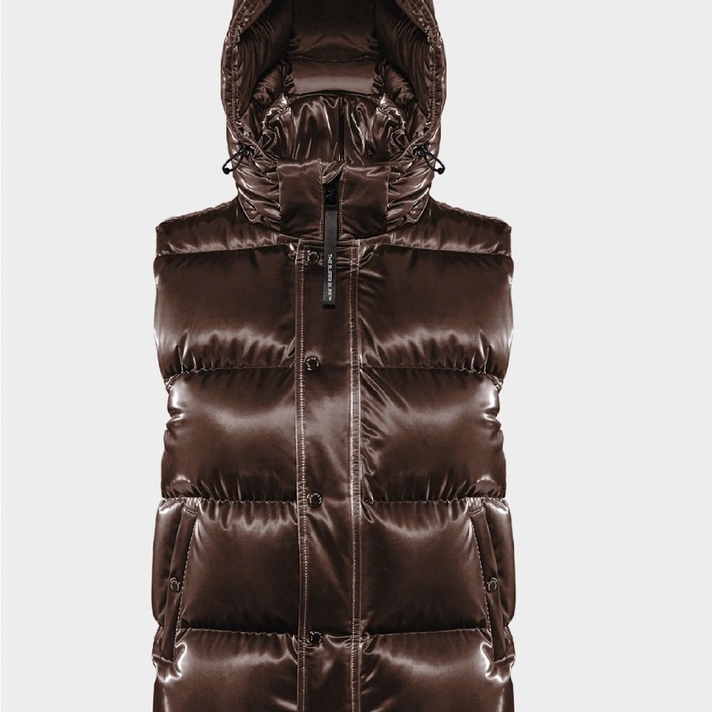 TNA Liquid Shine Brown Puffer Vest with Hood